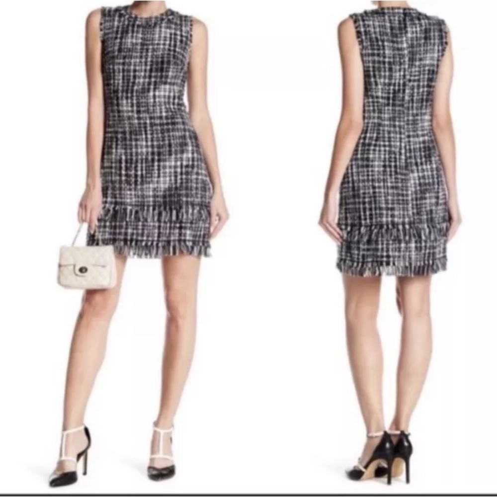 Eliza J Tweed Fringe Black White Sleeveless Lined Dress size 4